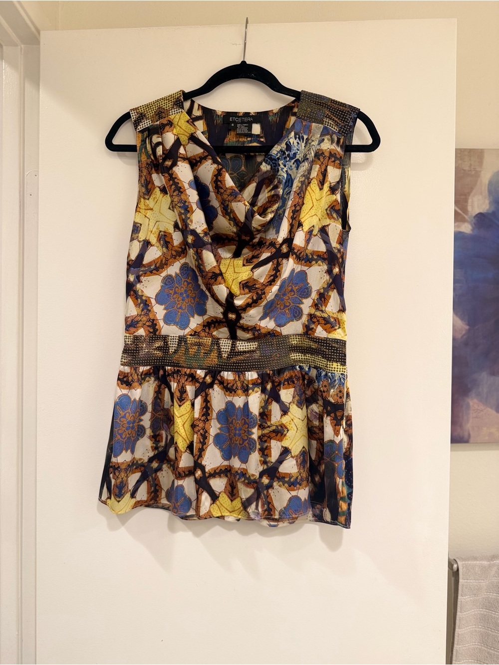 Etcetera Blue, Yellow & Brown Patterned Draped Peplum Camisole